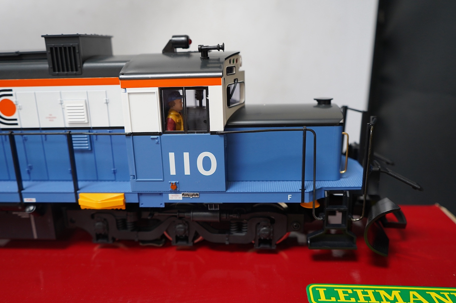 A boxed Lehman LGB (2055) G scale railway White Pass Co-Co diesel locomotive, 110, in blue and white livery. Condition - good, evidence of very minor running wear only.